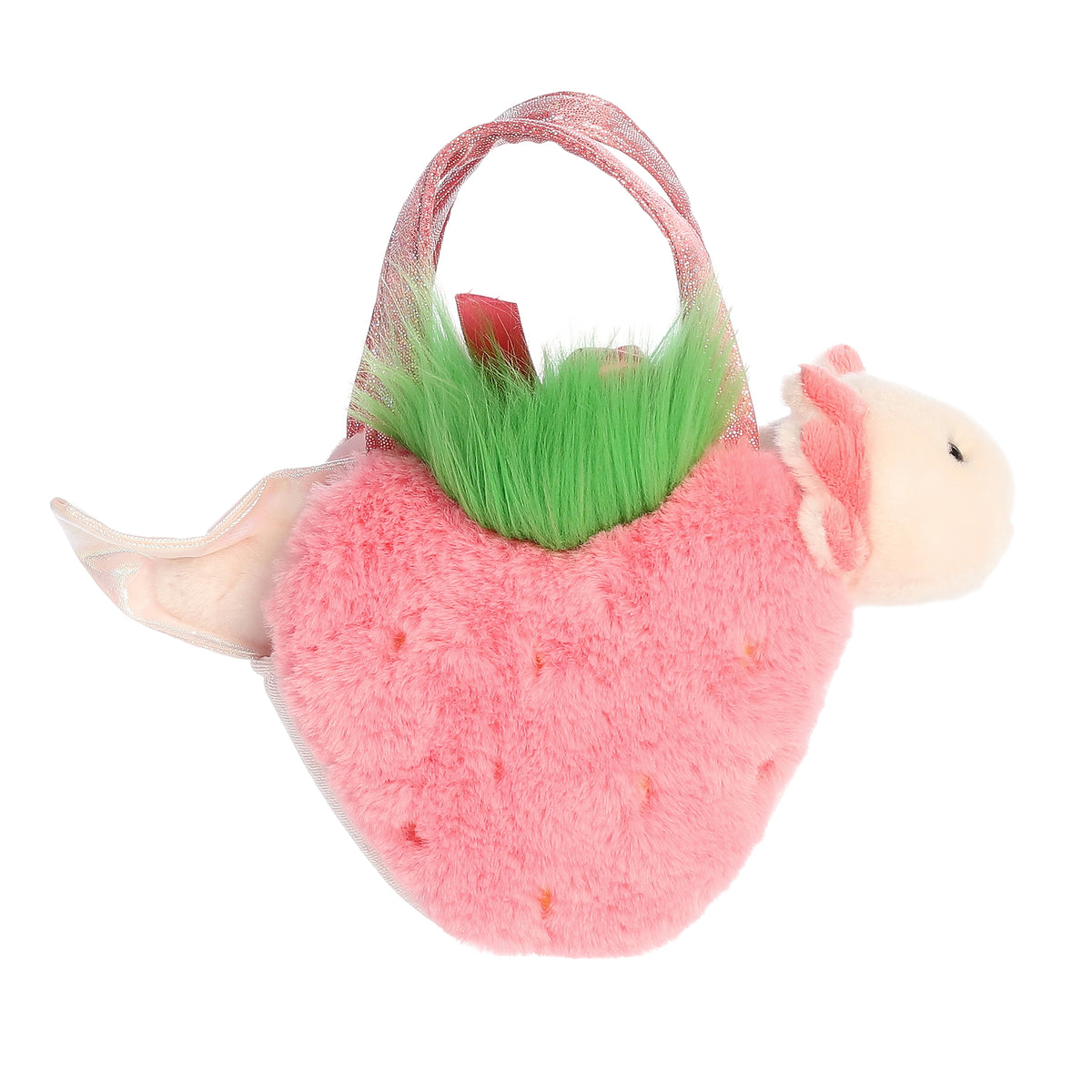 Red strawberry carrier from Aurora's Fancy Pals with a joyful axolotl plush peeking out, radiating cheer and fun.