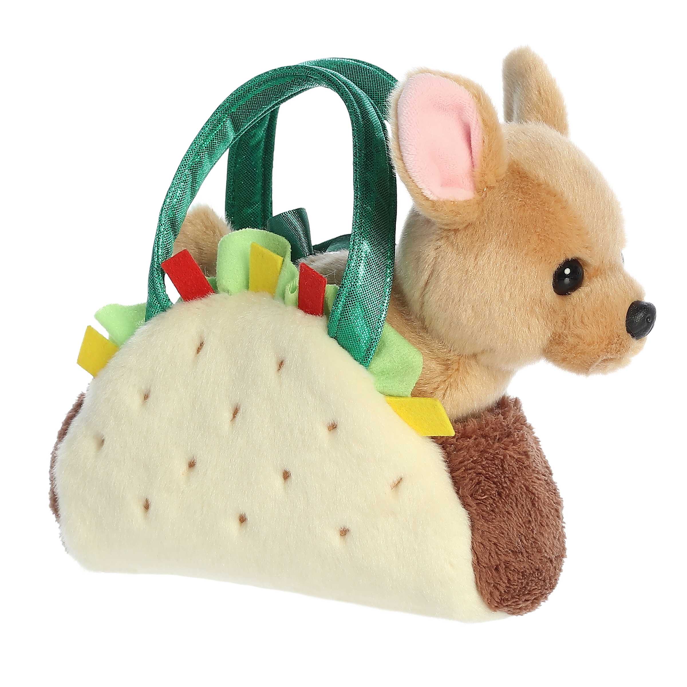 Soft Taco Chihuahua plush in a taco-shaped carrier, perfect for play and culinary-themed fun.