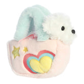 Colorful Pastel Heart Puppy plush in a rainbow carrier, ideal for comfort and imaginative play.