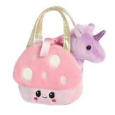 Soft Lil Mushroom Plush Unicorn in a pink polka dot mushroom bag, ideal for play and as a charming gift.