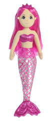 A silver-tailed mermaid plush toy from Sea Sparkles by Aurora with vibrant pink hair and a matching silver crown.