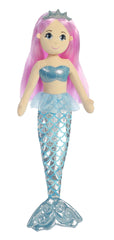 A blue-scaled mermaid plush toy from Sea Sparkles by Aurora with pink hair and a sparkling tiara.