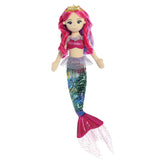 A vibrant mermaid plush toy from Sea Sparkles by Aurora plush with a rainbow tail, pink top, and pink-purple wavy hair.