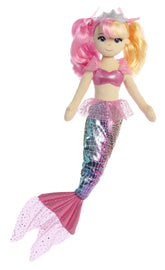 A multicolored mermaid plush toy from Sea Sparkles by Aurora with pink and blonde hair and a silver crown