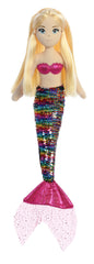 A multicolored sequin mermaid plush toy from Sea Sparkles by Aurora with blonde hair and a pink top.