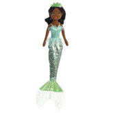 A mint-green tutu mermaid plush toy from Sea Sparkles by Aurora with black hair and a mint crown.