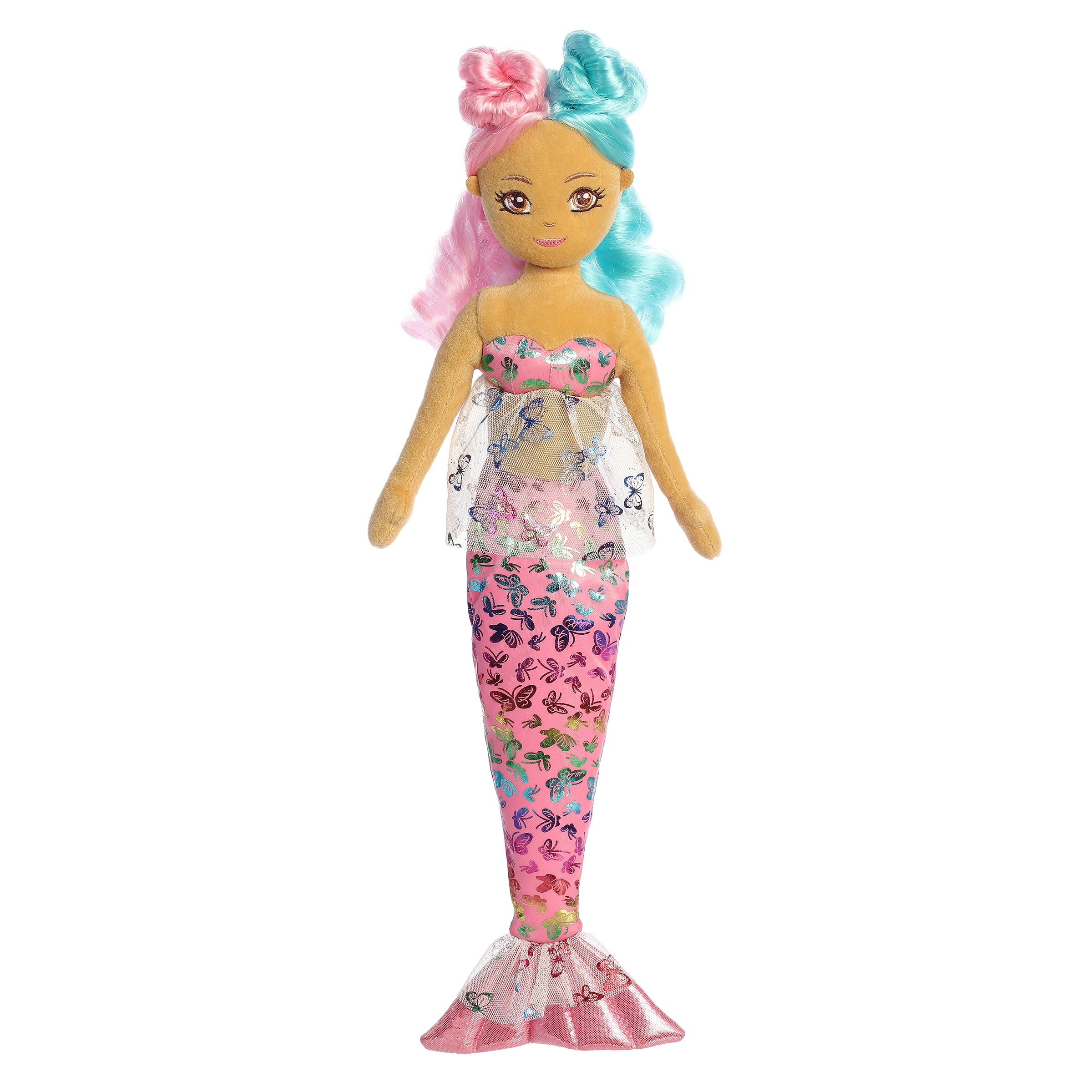 Mermaid plush doll, radiant with a blue and neon pink tail, epitomizing the magic of the Sea Sparkles collection.