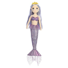 Lavender mermaid plush with sparkling tail and golden crown, ideal for play and enchanting decor.
