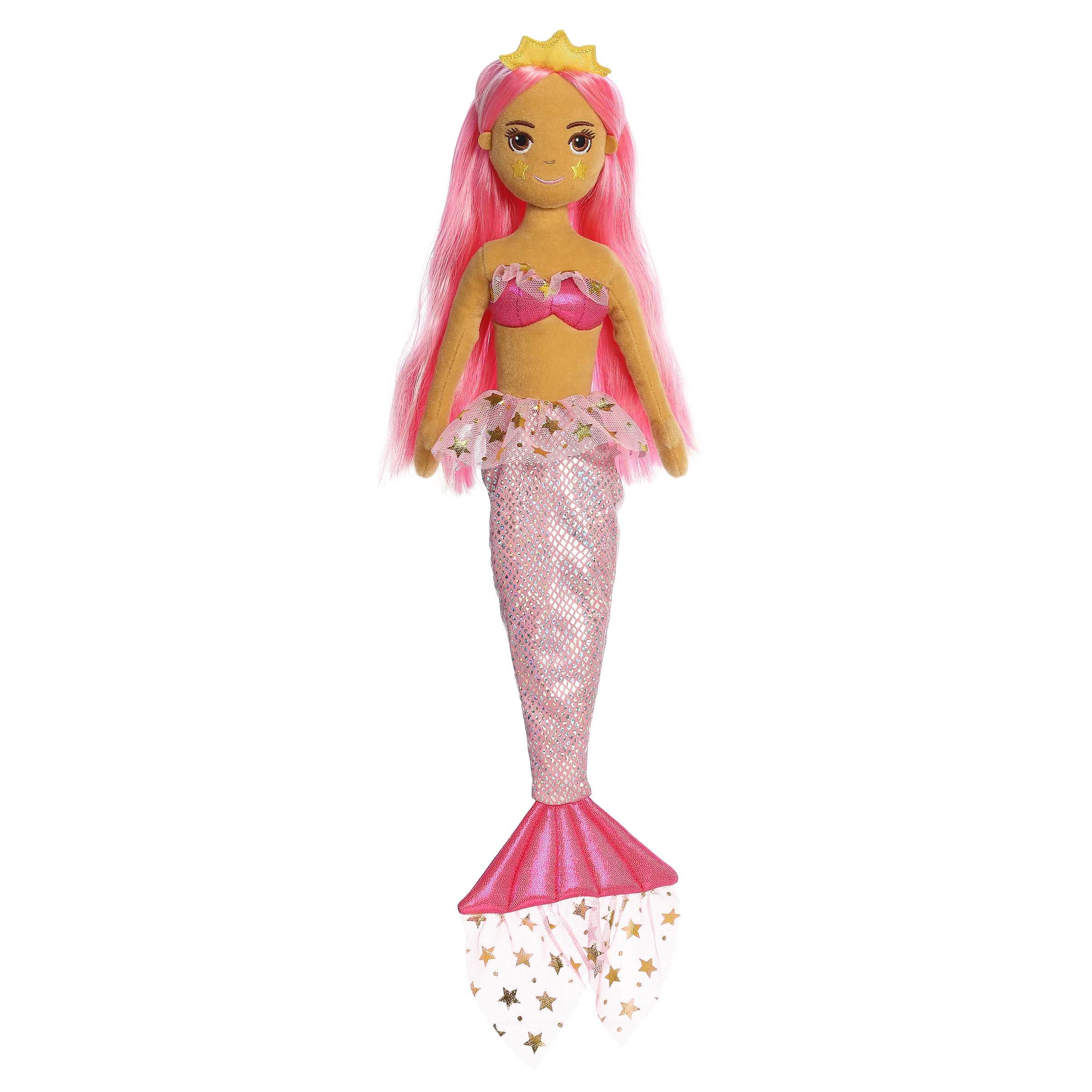 Pink mermaid plush Sunny Shine, with a glittery tail and star details, perfect for play and brightening decor.