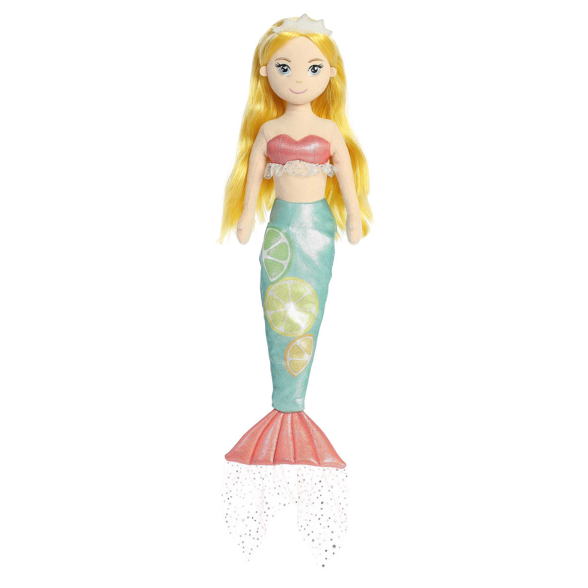 Vibrant Lailah Lemonade mermaid plush with a lemon-lime tail and crown, perfect for playful and bright decor.