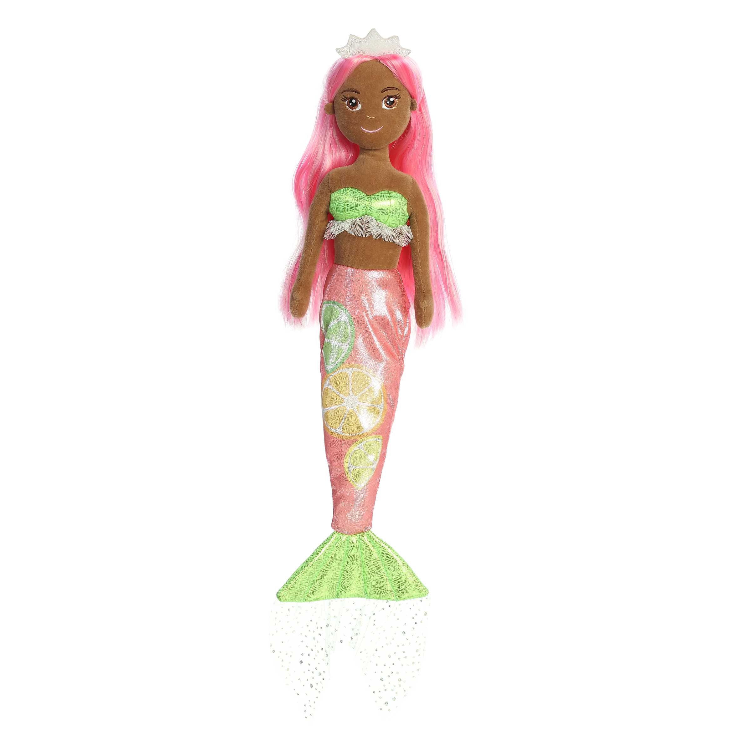 Pink-haired Olivia Orange mermaid plush with an orange tail, ideal for lively play and vibrant decor.