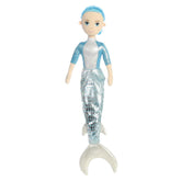 Quinn mermaid plush with silver tail and blue hair, perfect for ocean enthusiasts and adding cool to collections.