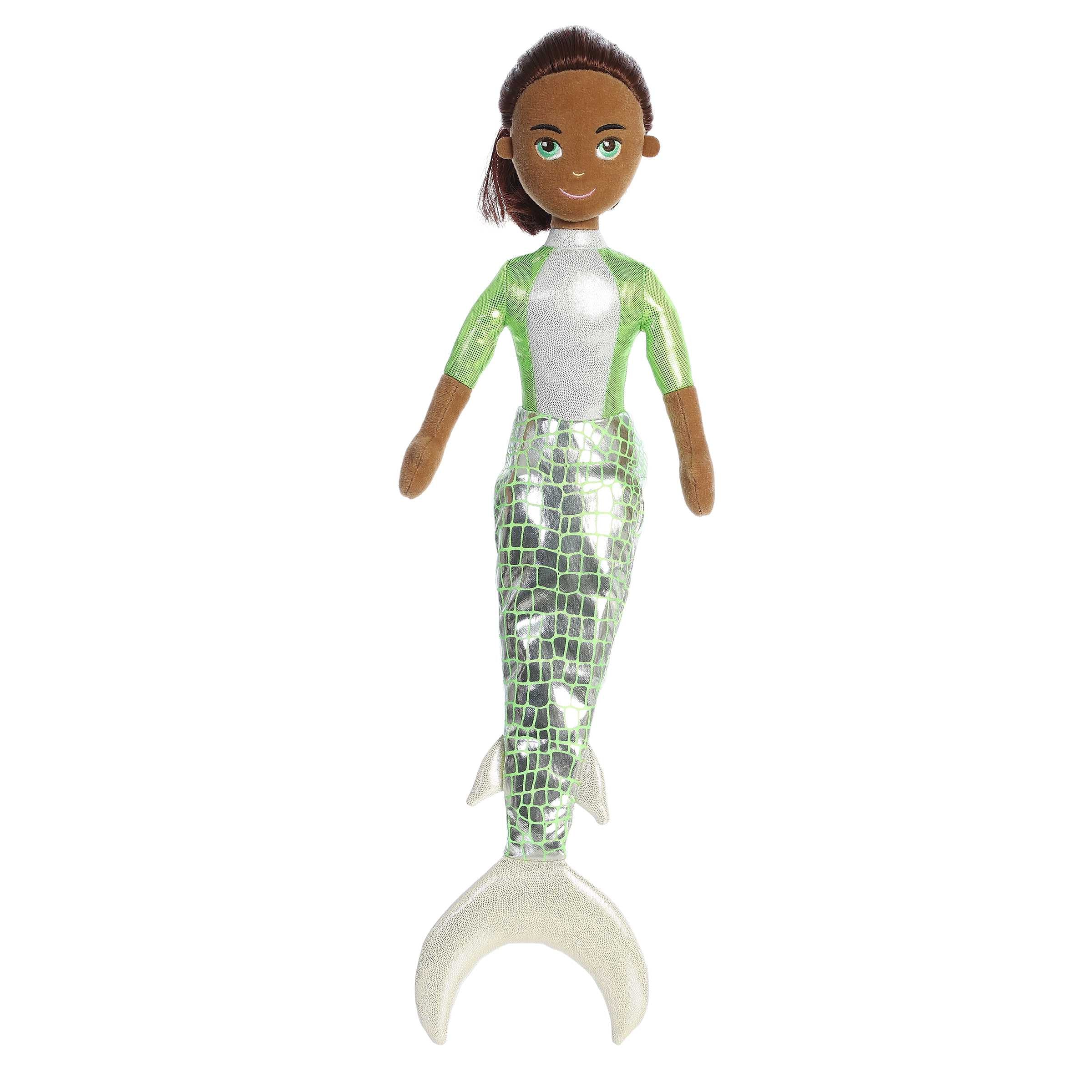 Jayden mermaid plush with a vibrant green tail and welcoming expression, ideal for play and collecting.