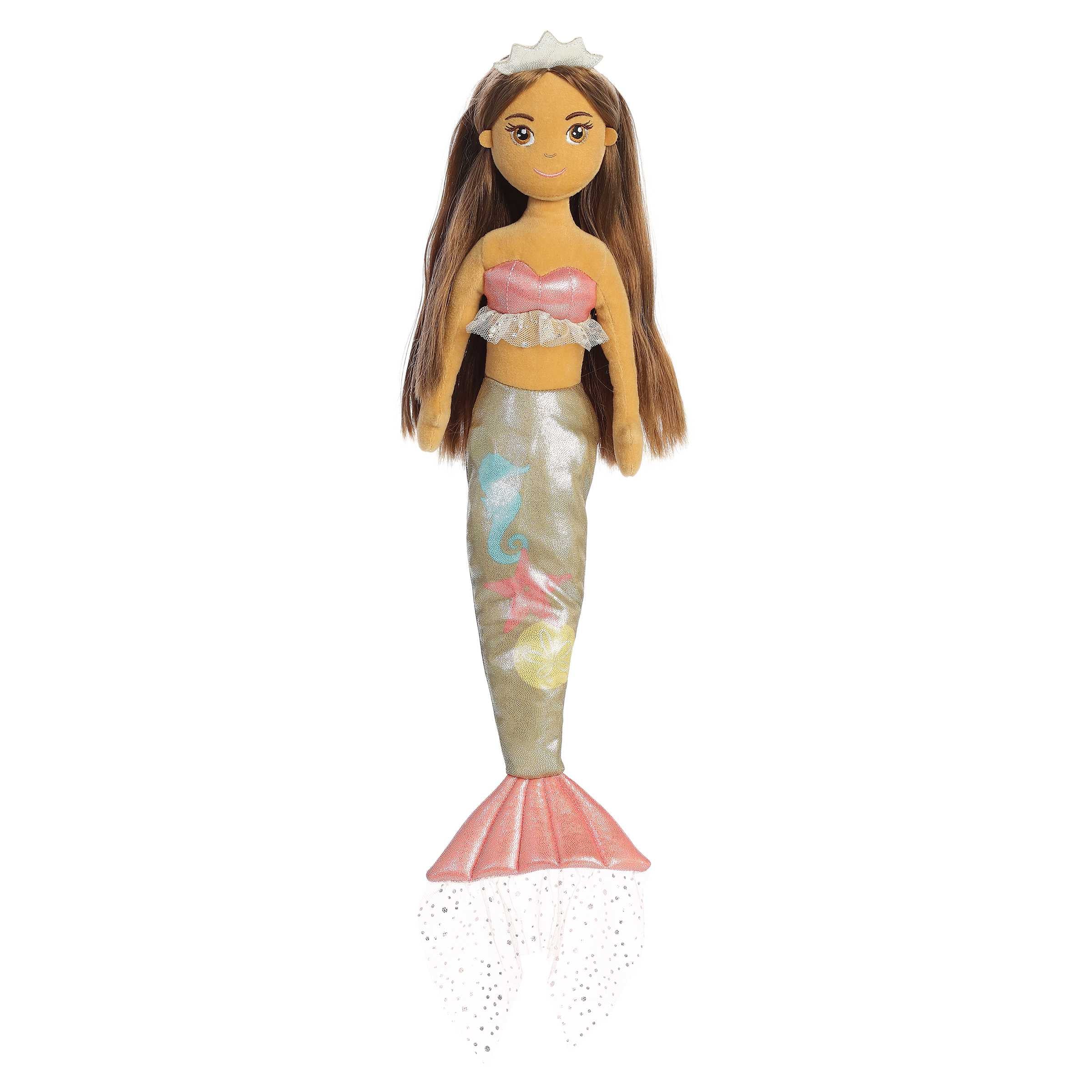 Shelly mermaid plush with a tail adorned in marine motifs, perfect for adding ocean charm to play and collections.