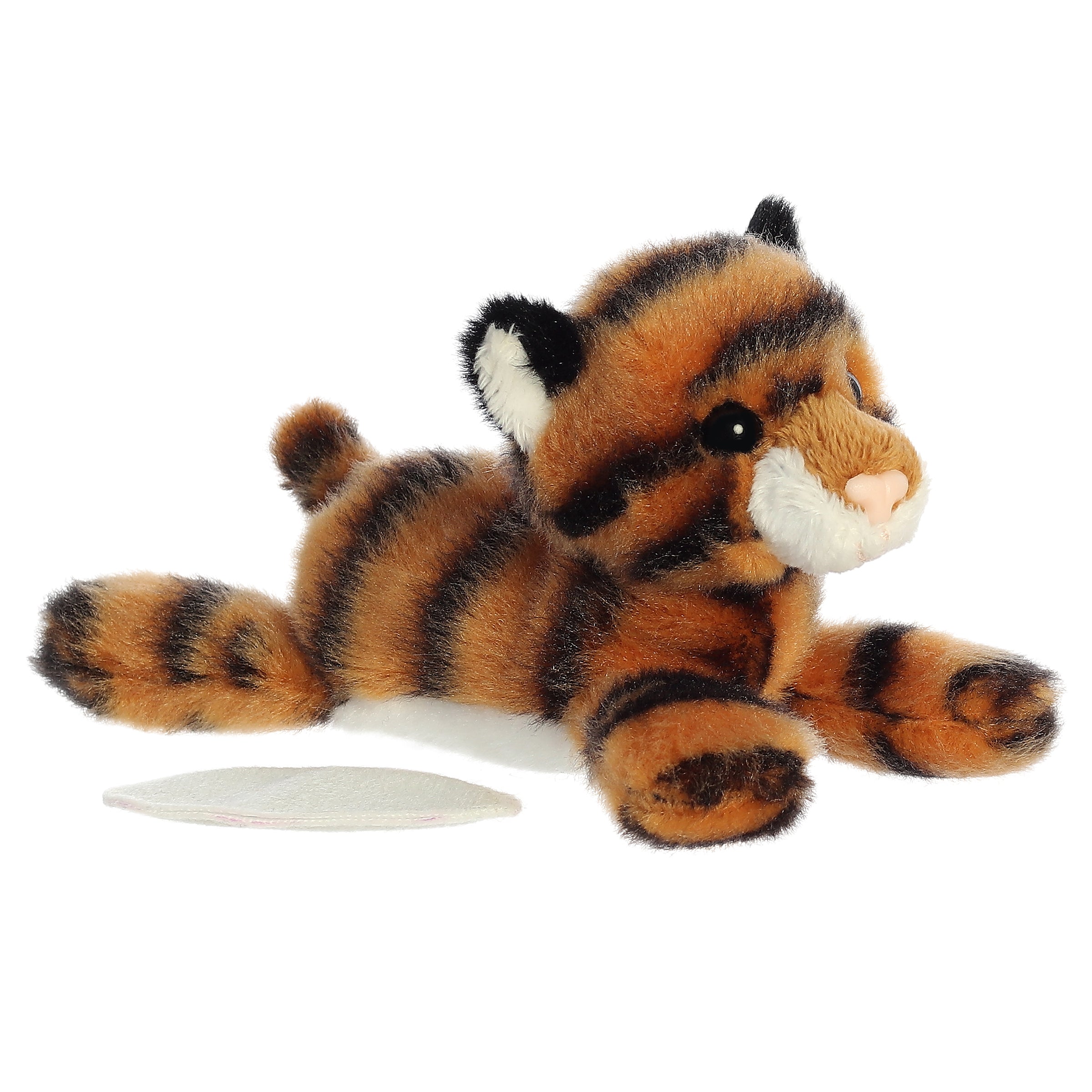 A striped tiger plush toy from Shoulderkins by Aurora with orange fur and a mischievous expression.