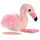 A pink flamingo plush toy from Shoulderkins by Aurora with a curved neck and long legs.