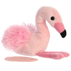 A pink flamingo plush toy from Shoulderkins by Aurora with a curved neck and long legs.