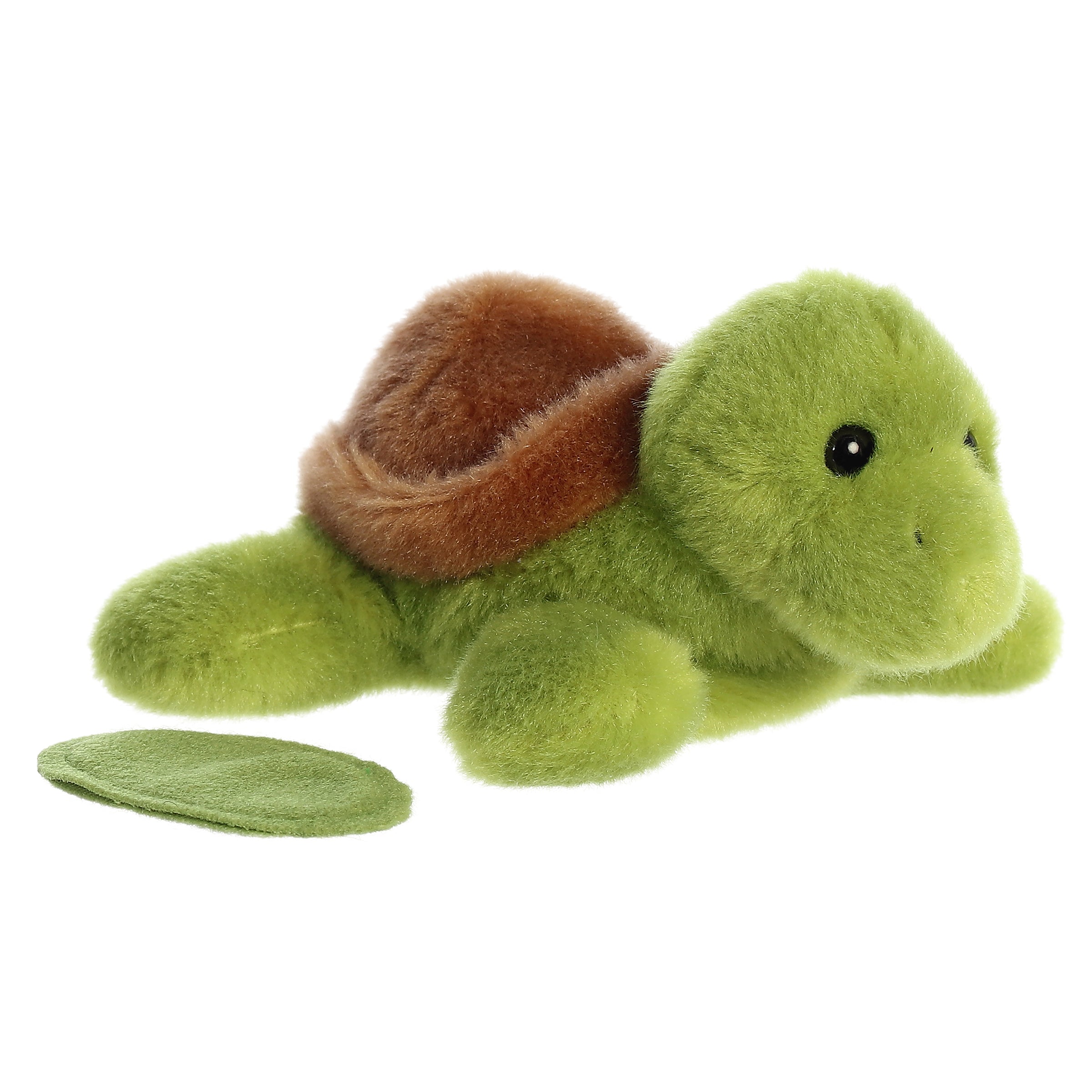 A green turtle plush toy from Shoulderkins by Aurora with a round shell and soft limbs.