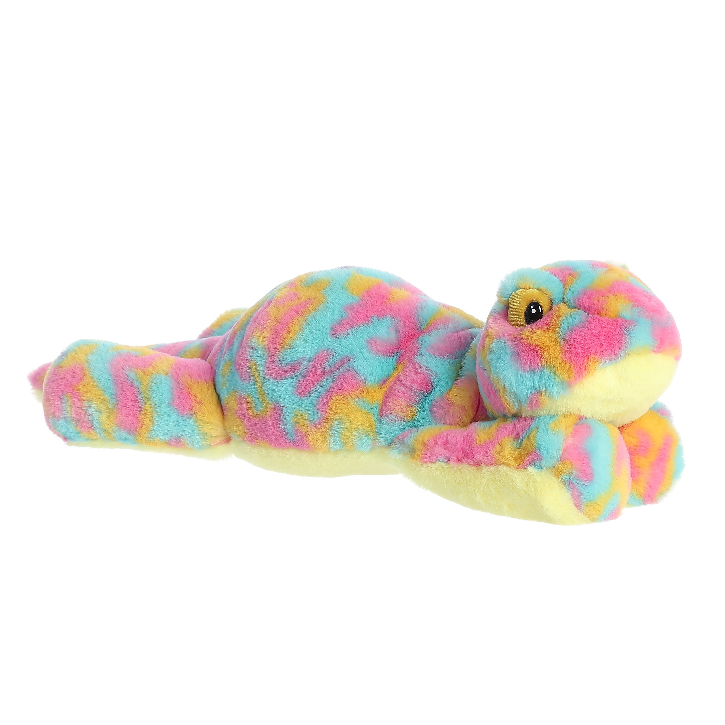 Snoozles Gecko plush lying flat, showcasing its vibrant pink, blue, and yellow coat with a soft light yellow underbelly.