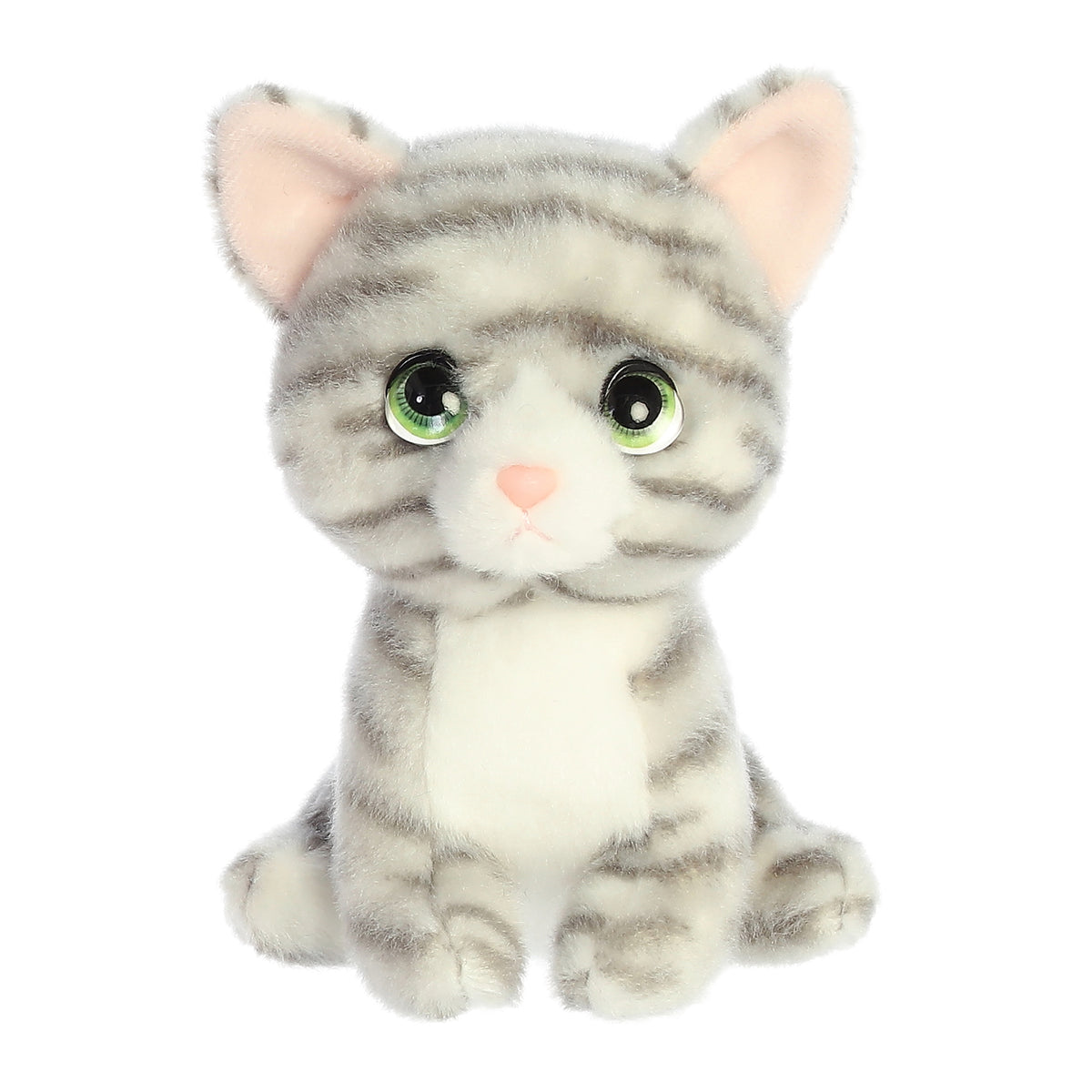 Misty Gray Tabby cat plush with soft coat and dancing stripes, twinkling eyes, part of the Petites collection by Aurora.