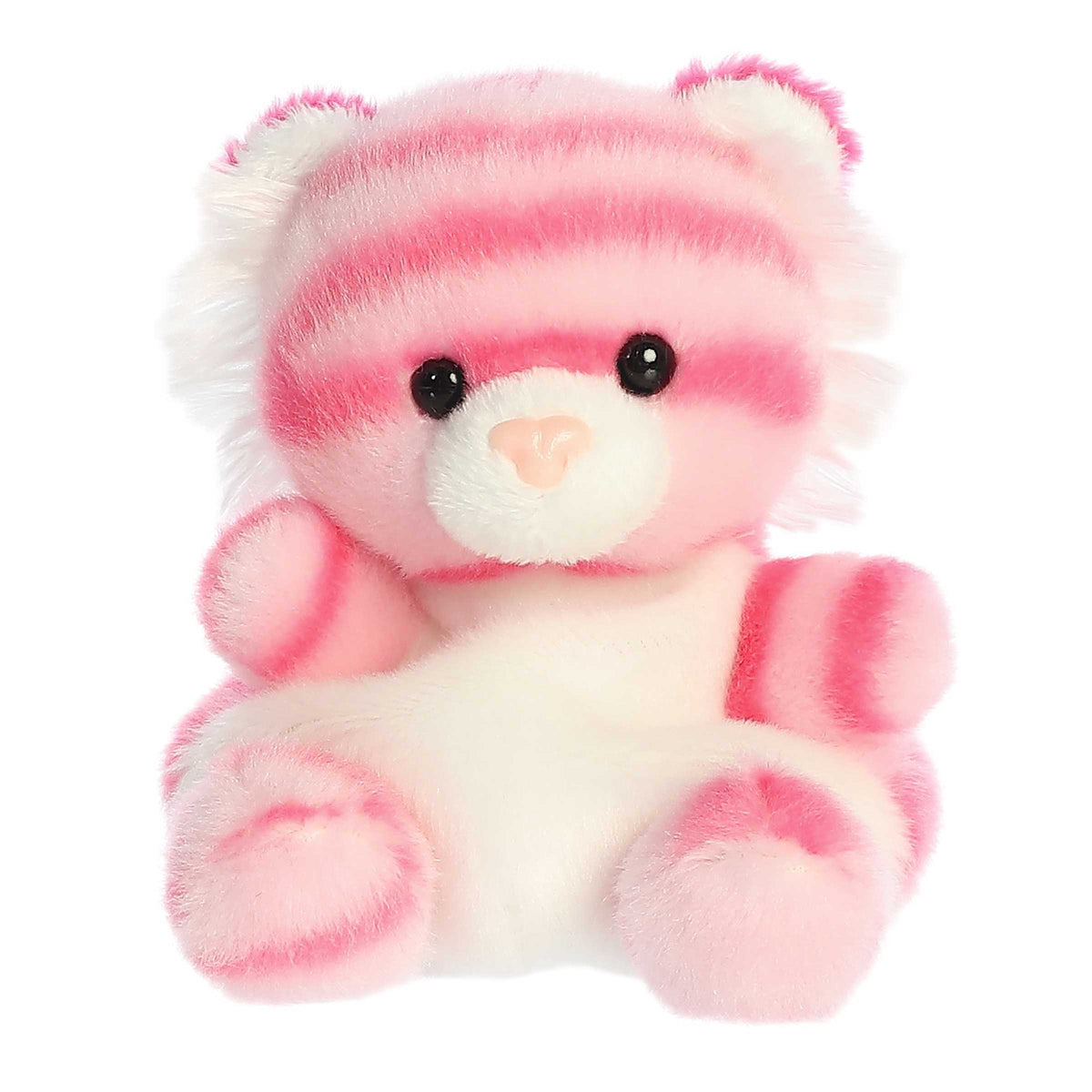 Adorable cuddly tiger plush toy with light pink mini body, dark pink stripes, and white fur accents around mouth and ears