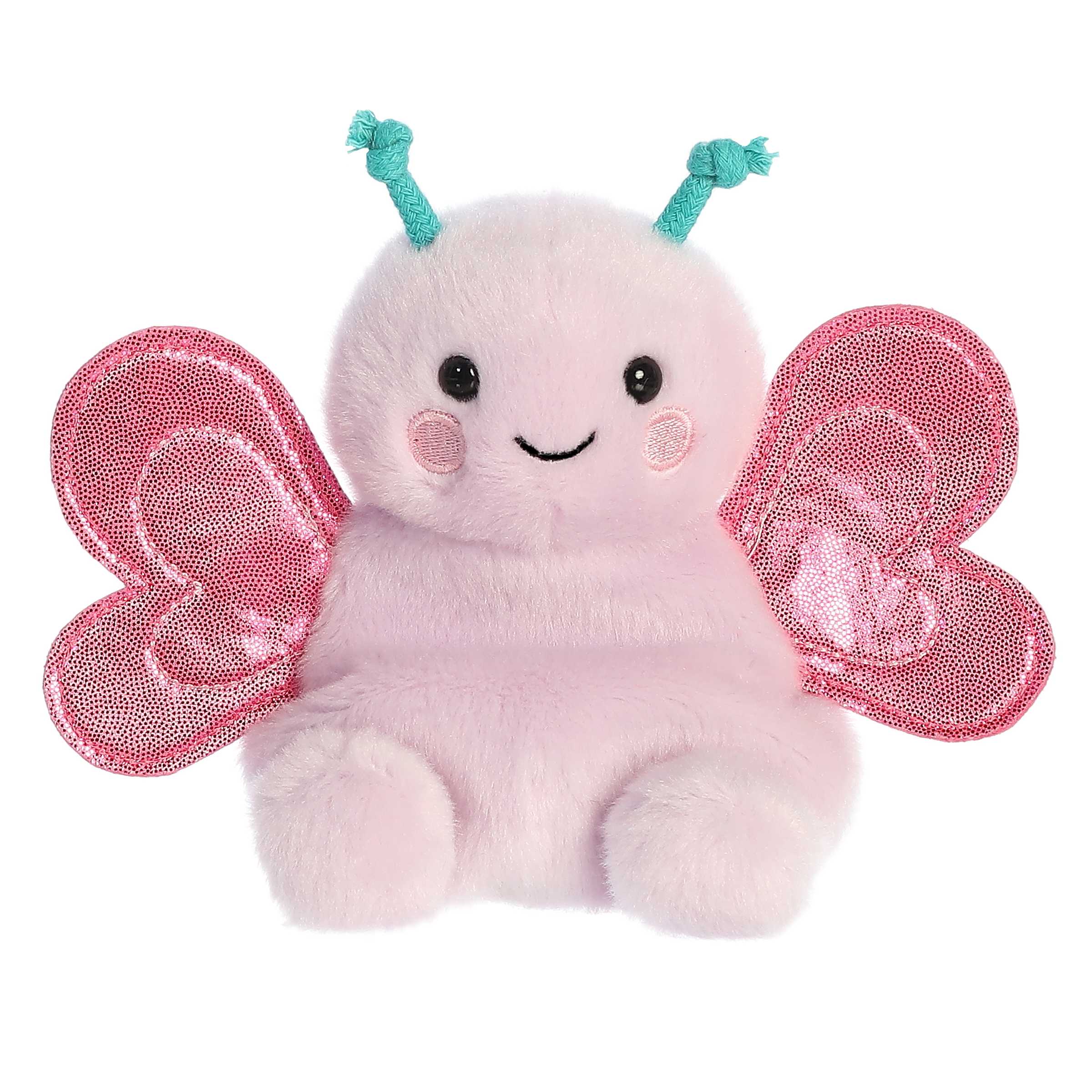 Colorful mini butterfly plush toy with light purple fur, sparkly pink wings, aqua blue antennae and embroidered smiling face.