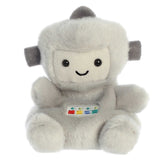 Cuddly tiny robot plush toy with light gray soft fur, colorful embroidery pattern in the middle, and a smiling face design