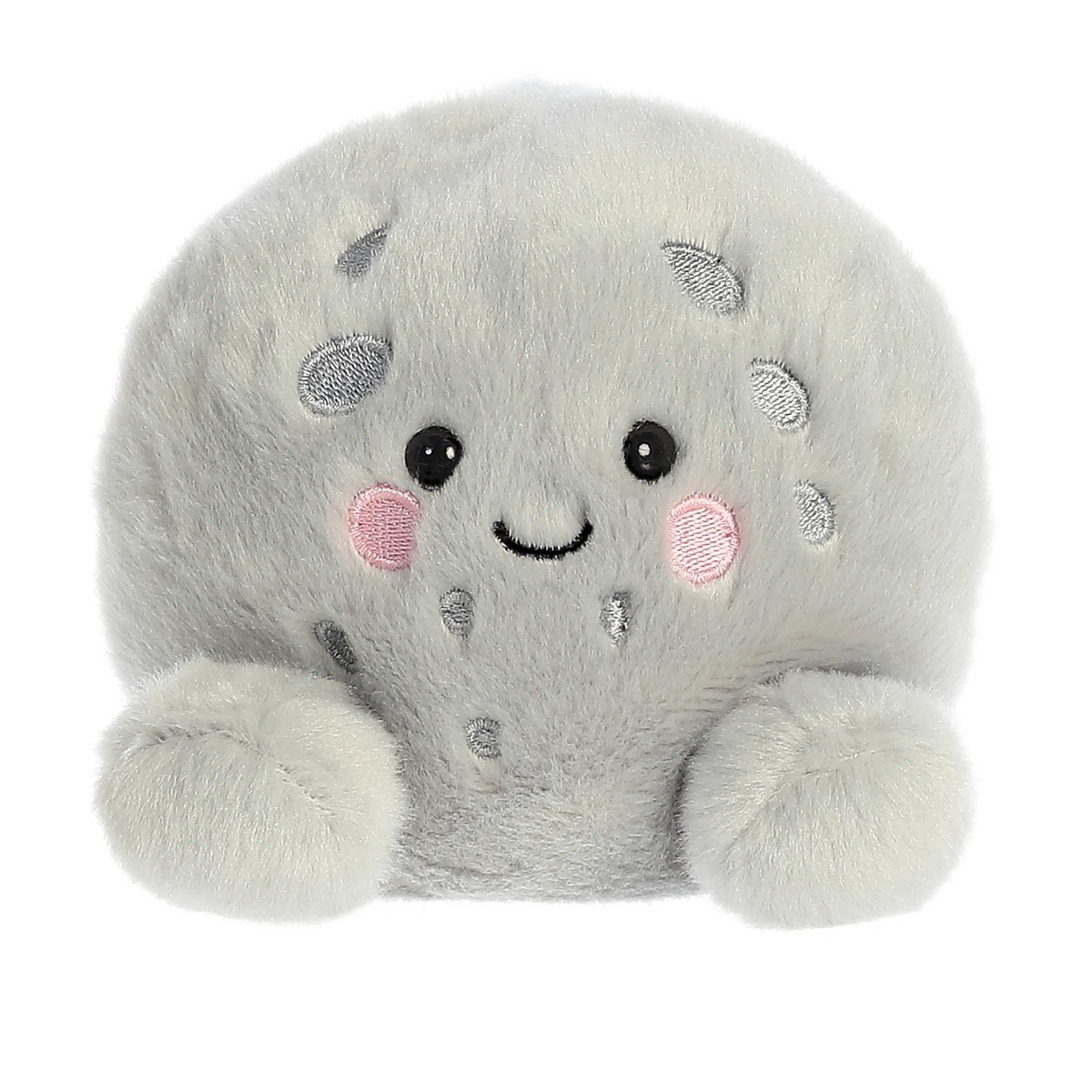 Soft tiny moon plush with light gray body and bean pellets filled inside, and a smiling face with pink and gray embroidery