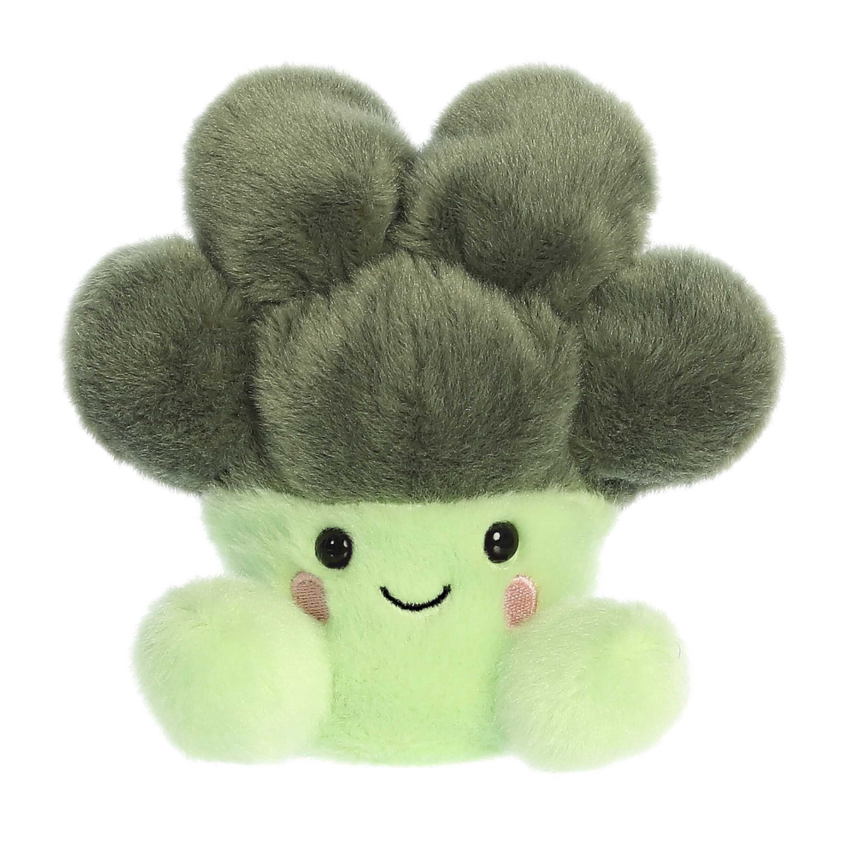 Cuddly mini broccoli shaped plush with light green and olive green fur body, embroidered smiling face and black colored eyes.
