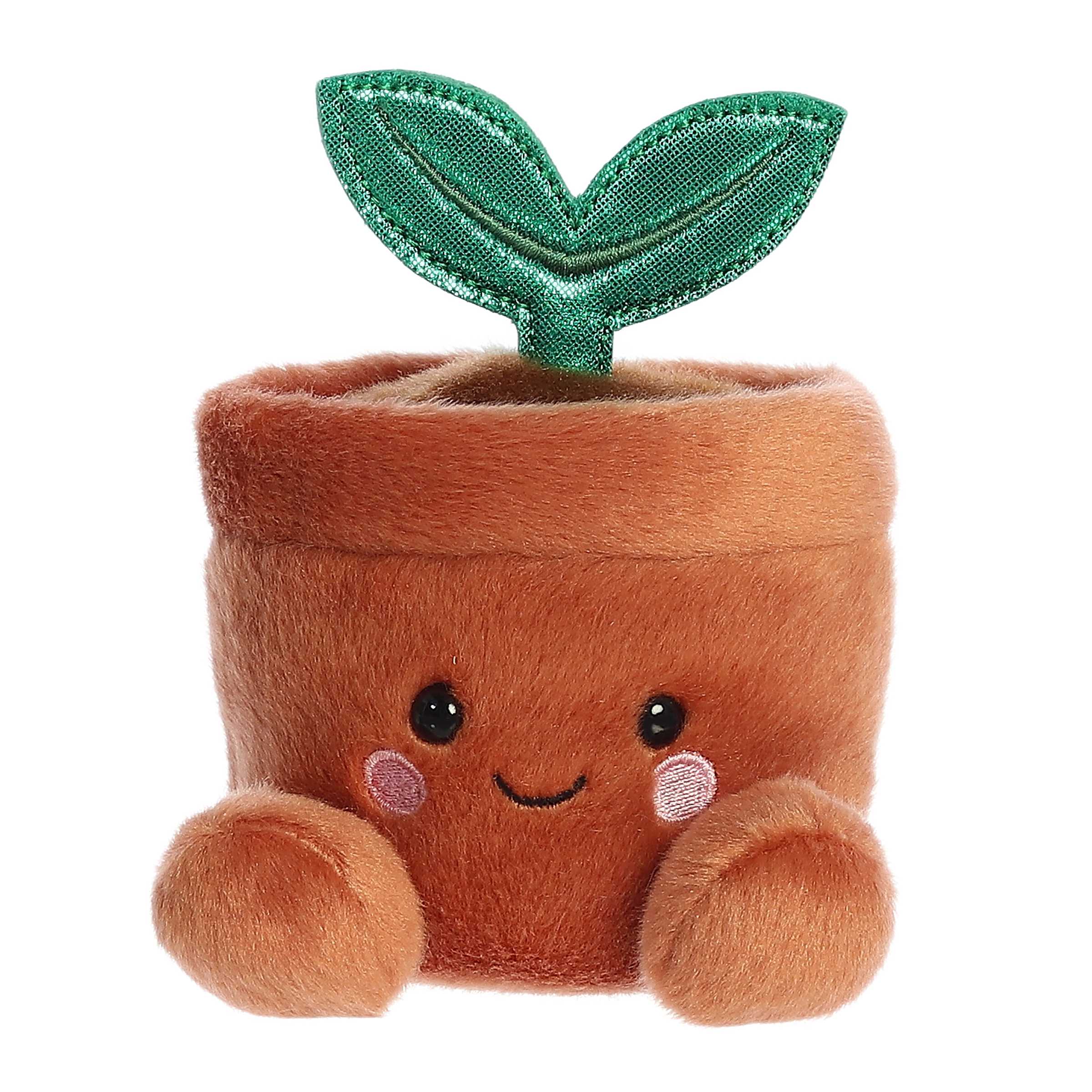 Tiny plant shaped plush toy with brown fur body filled with bean pellets, embroidered smiling face and a green leaf design