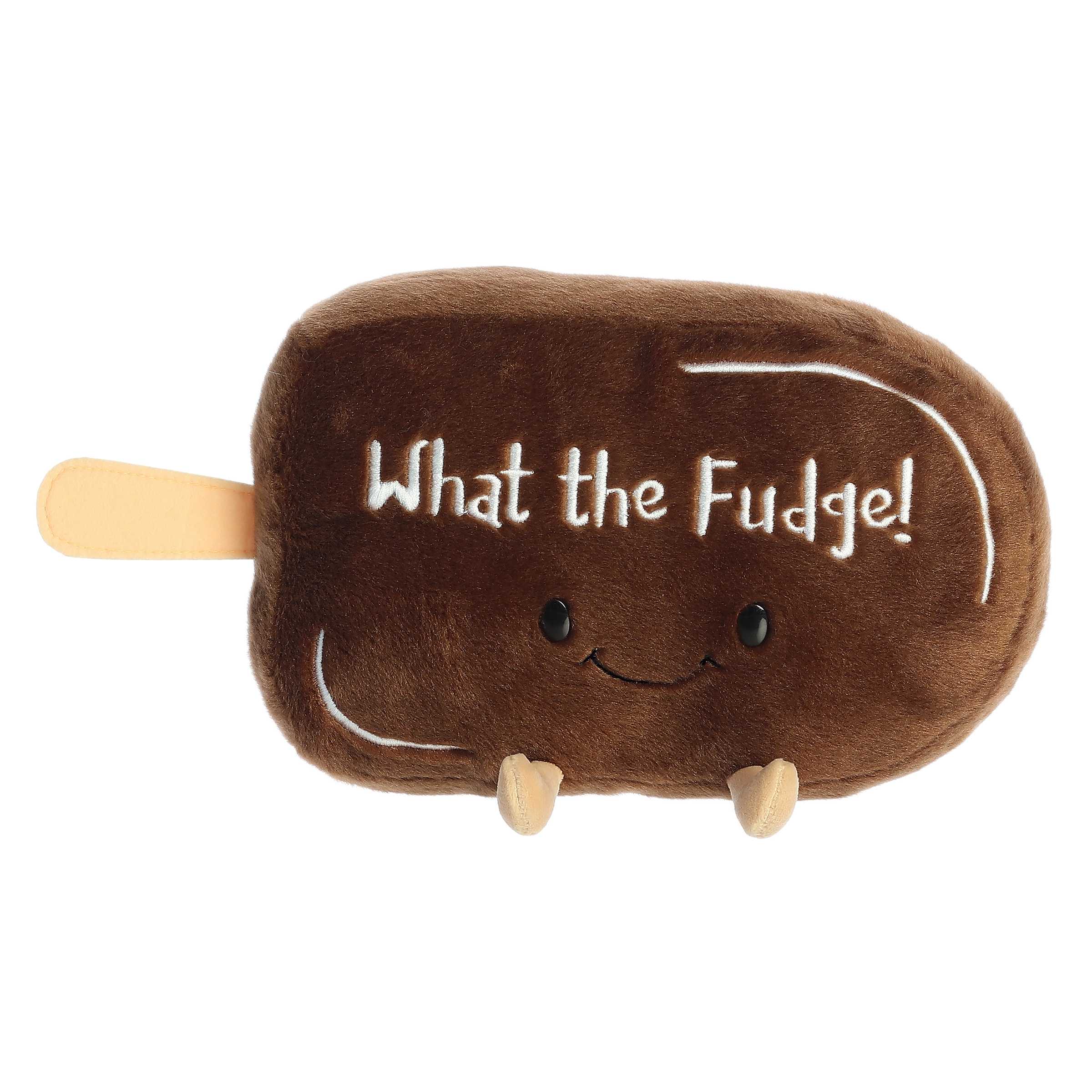 Quirky fudge ice cream bar plush with dark brown body, "what the fudge!" pun written across and an embroidered smiling face