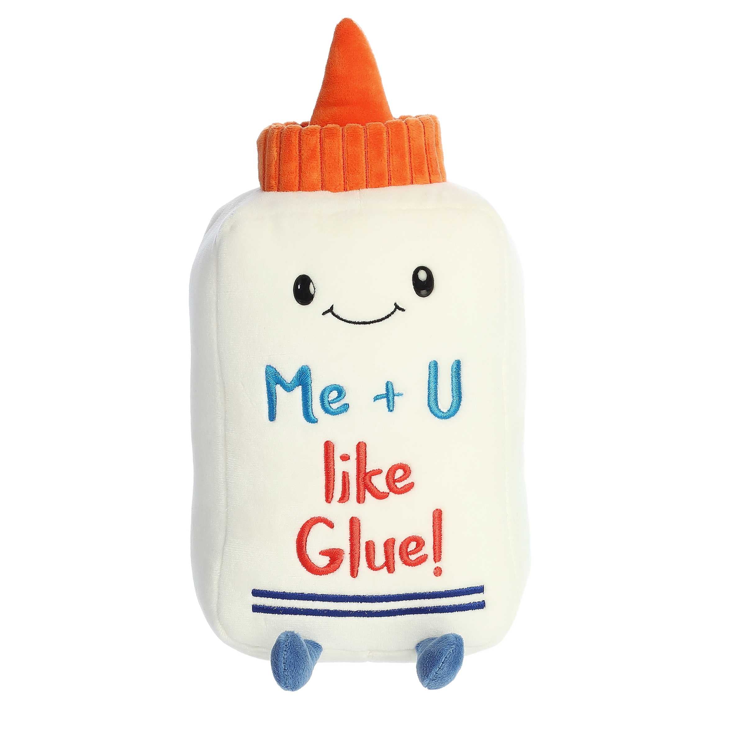 Cute glue shaped plush with a white body, orange cap details, "Me+U Like Glue" pun written across and a smiling face design