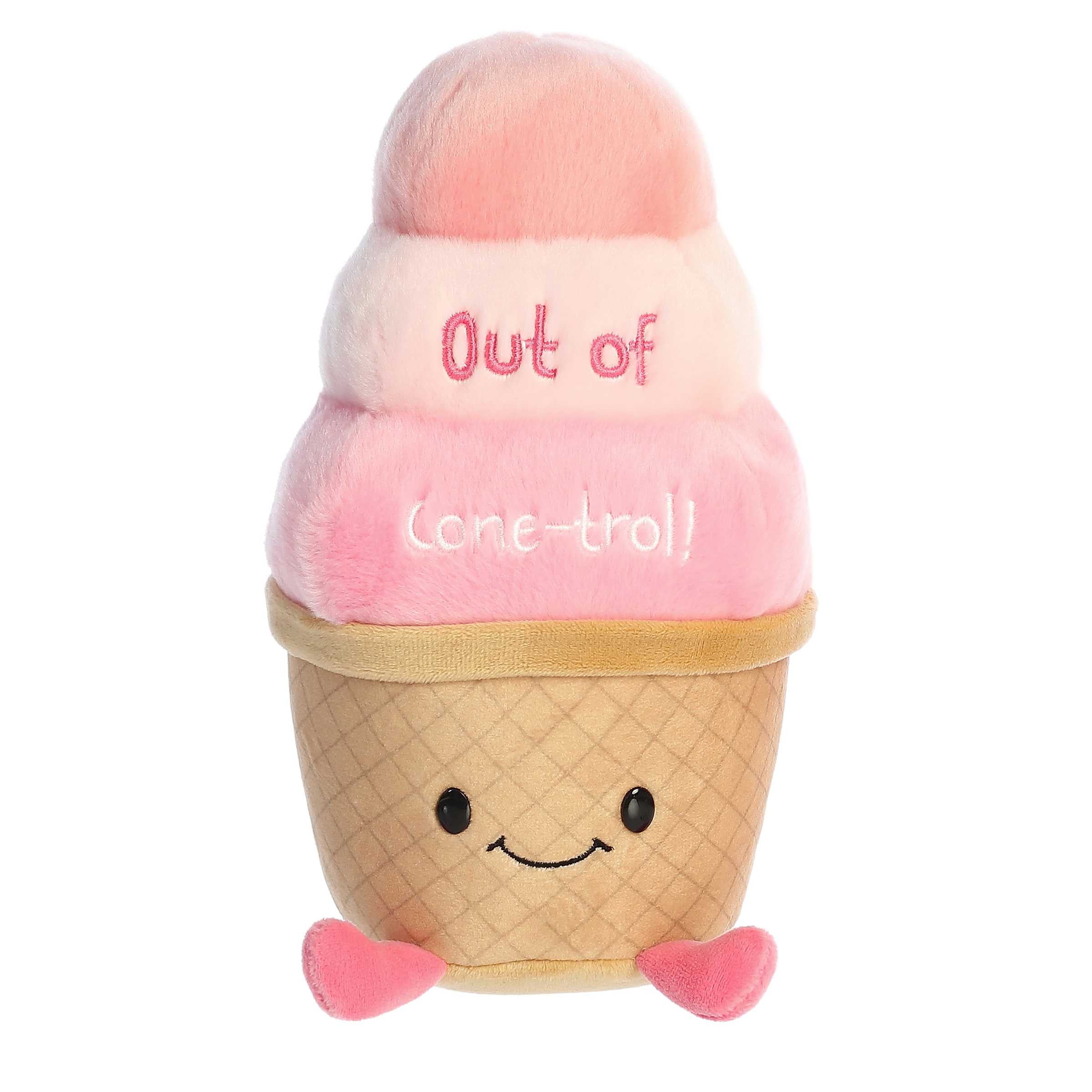 Amusing ice cream cone plush toy with pink and brown body, "Out of Cone-trol!" pun written across and a smiling face design.