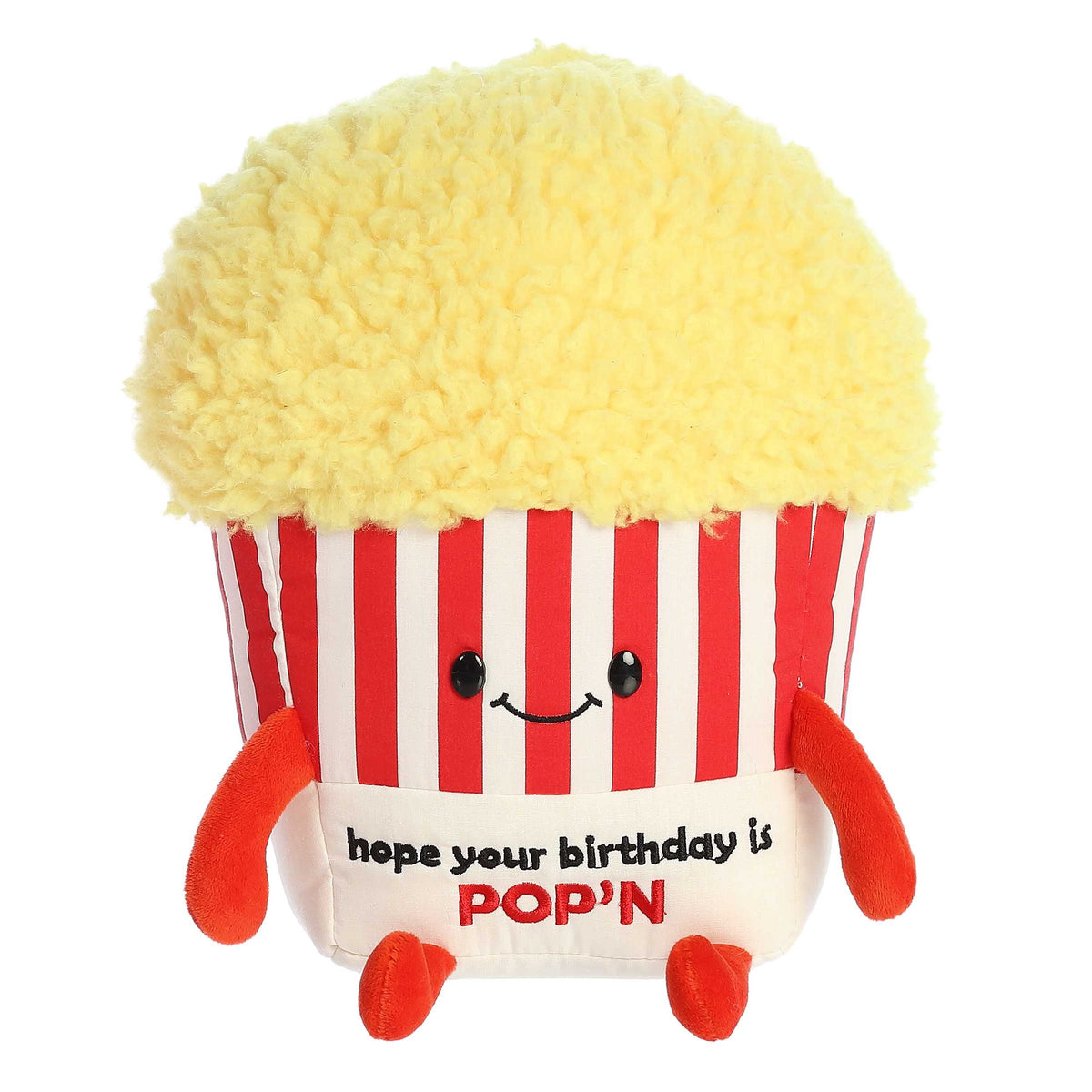 Funny popcorn plush toy with a red and white striped body, yellow fur on top, and a "Poppin' Birthday!" pun written across