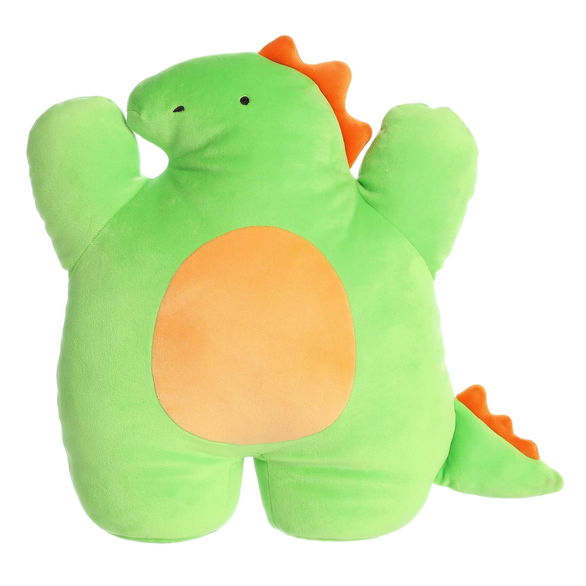 Cuddly soft dino plush toy with green body, orange pointed scales on its head, orange center design, and black eyes and nose.