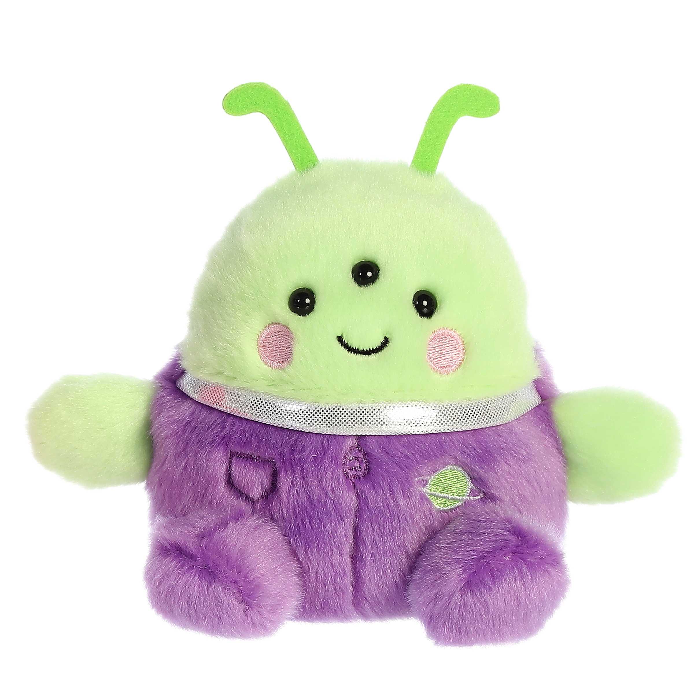 Zorg the Green Alien plush has a bright lime-green body and deep purple spacesuit, three beaming eyes and rosy-cheeks!