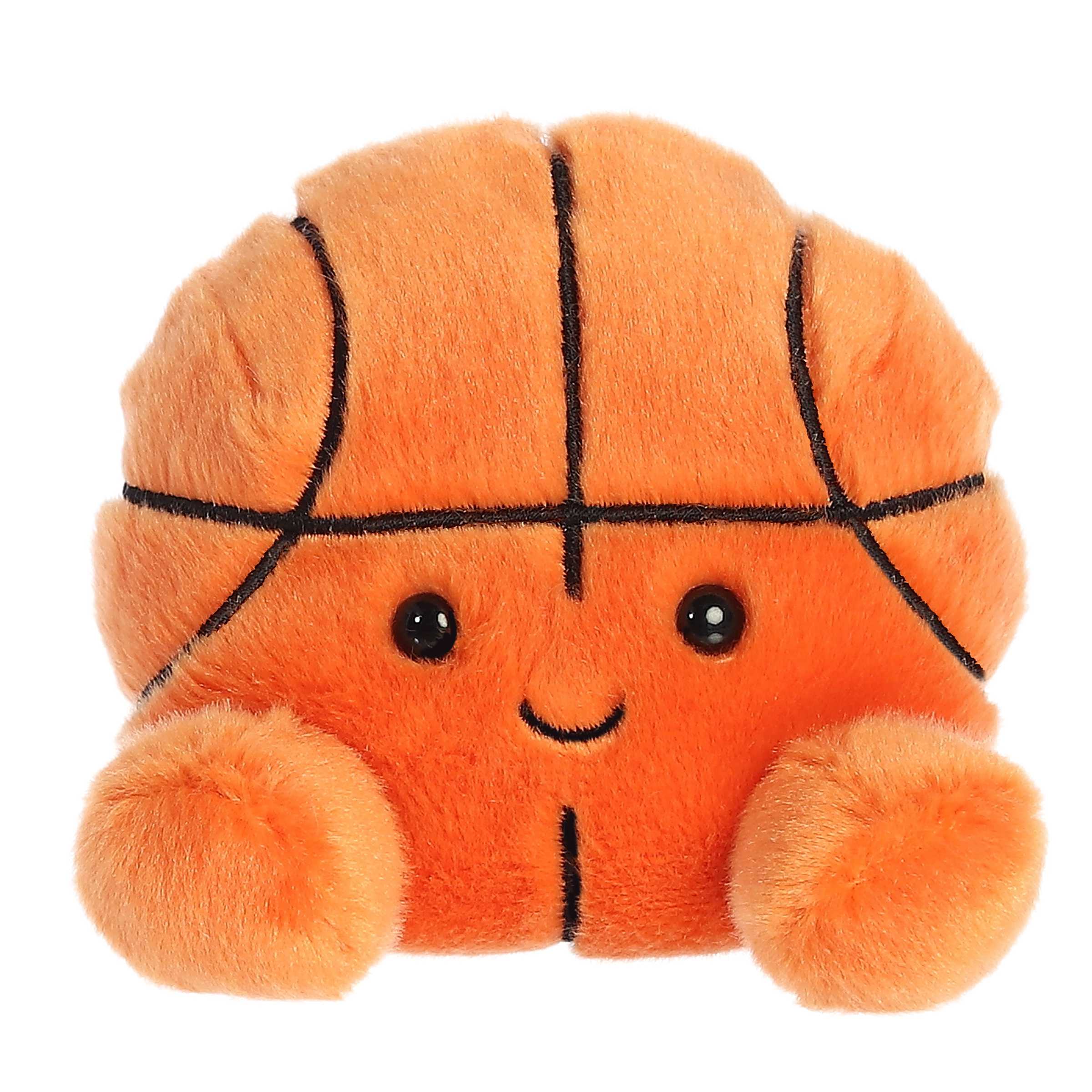 Hoops is a vibrant orange plush with black lines crisscrossing to mimic a basketball's segments, and her cheerful face!