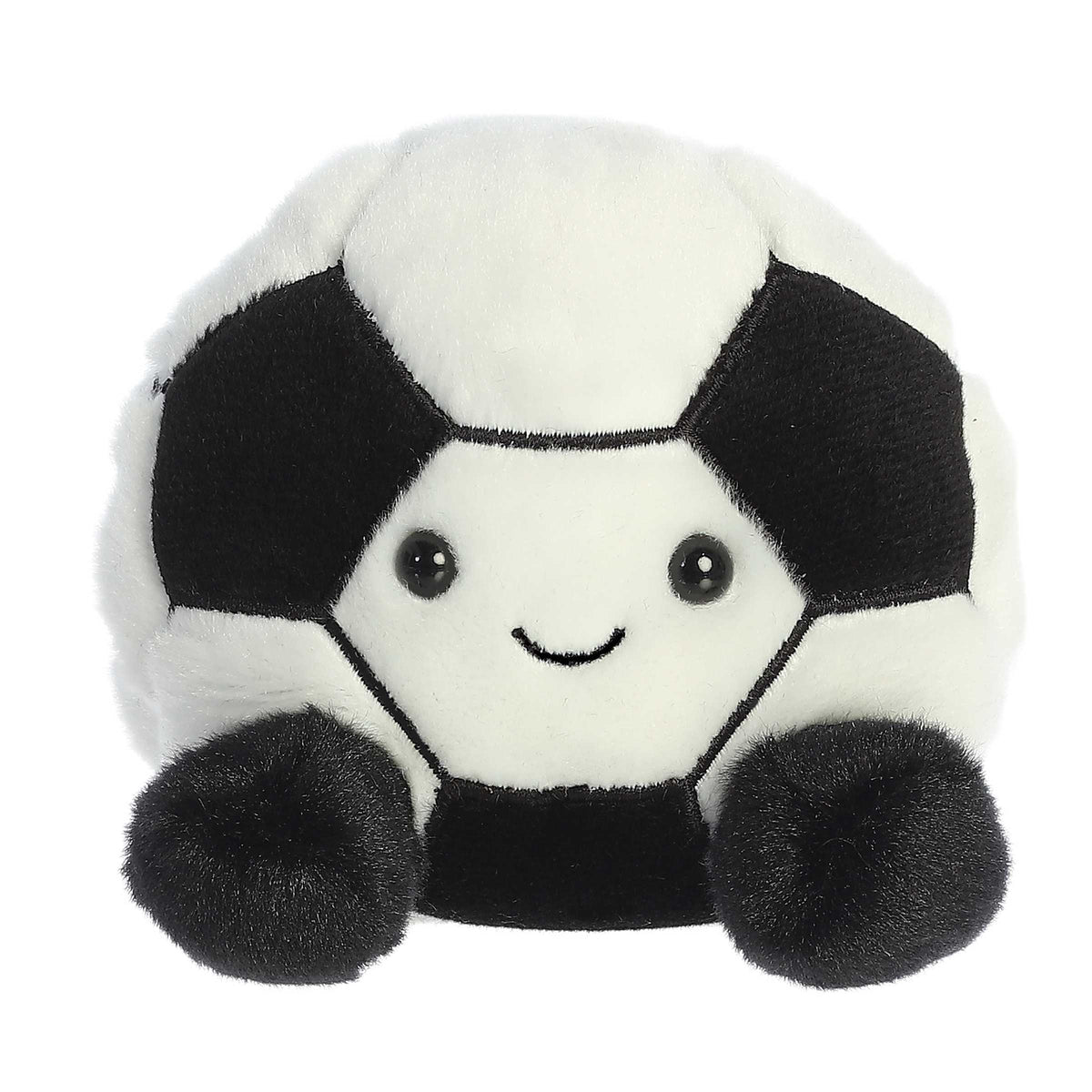 Striker Soccerball is a plushie with a bold pattern of black and white panels, mirroring a classic soccer ball!