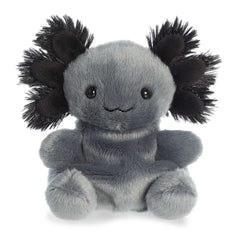 Onyx Axolotl is a plushie with a velvety charcoal-grey body, complemented by fluffy, dark tufts on the sides of his head!