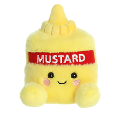 Newton Mustard plush from Palm Pals, with his vibrant yellow color and honest expression on an iconic mustard bottle