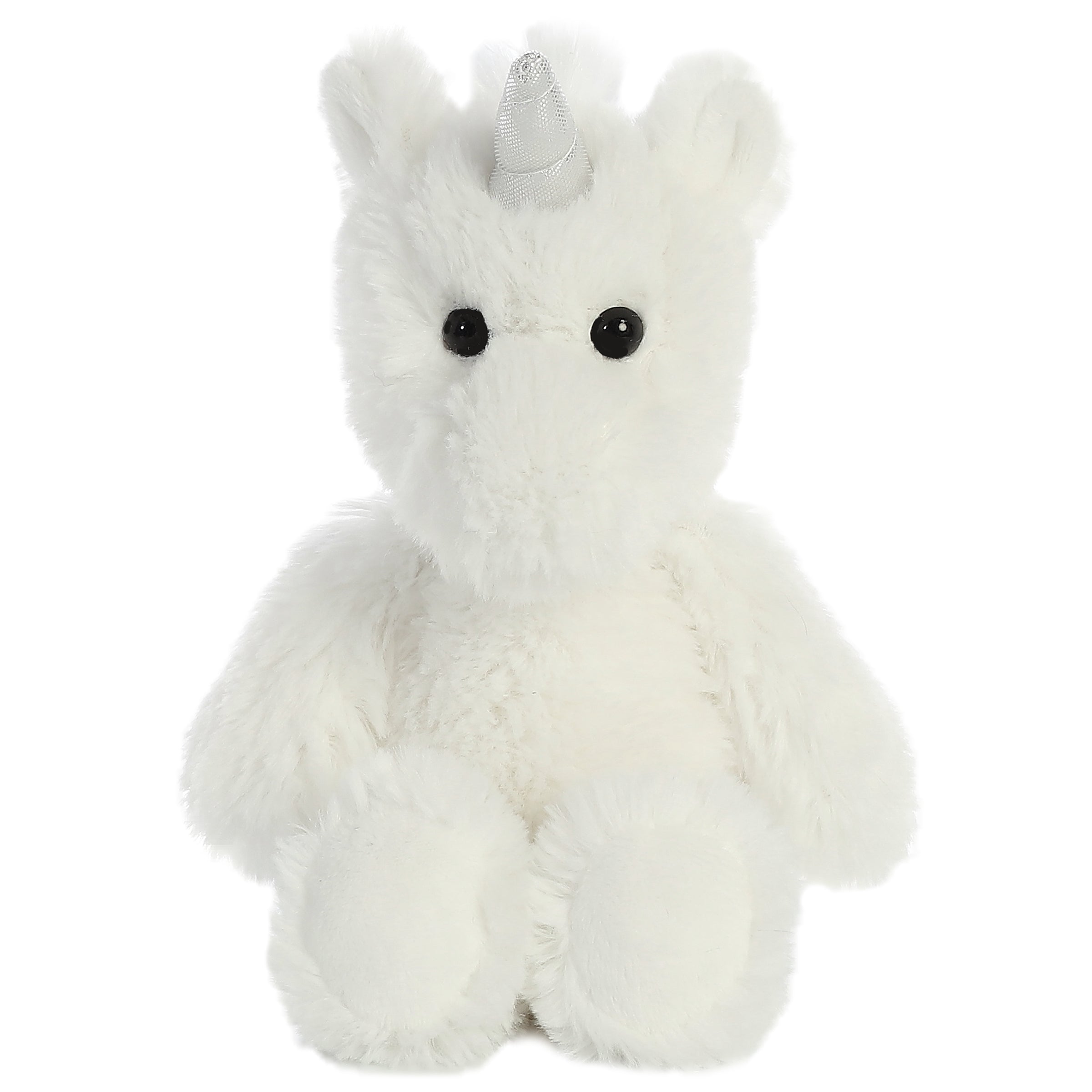 Unicorn plush from Cuddly Friends by Aurora, pristine white with a silver horn, perfect for magical cuddles
