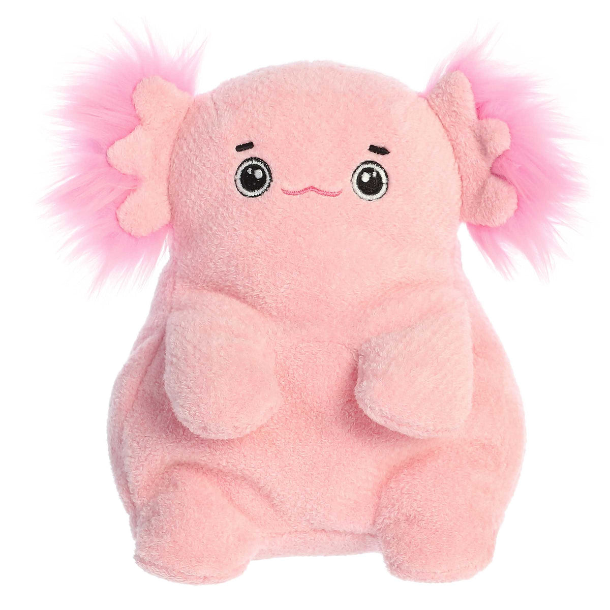 Ax-Olotl from Fluffles, a pink plush axolotl with a friendly face, offering softness and lovable charm.