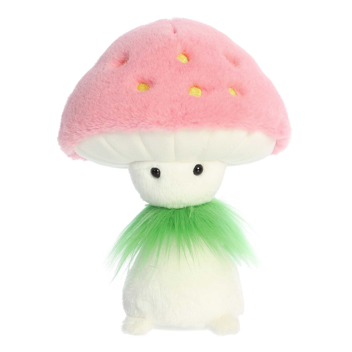 Strawberry mushroom plush from Fungi Friends, featuring a vibrant pink cap and green ruff!