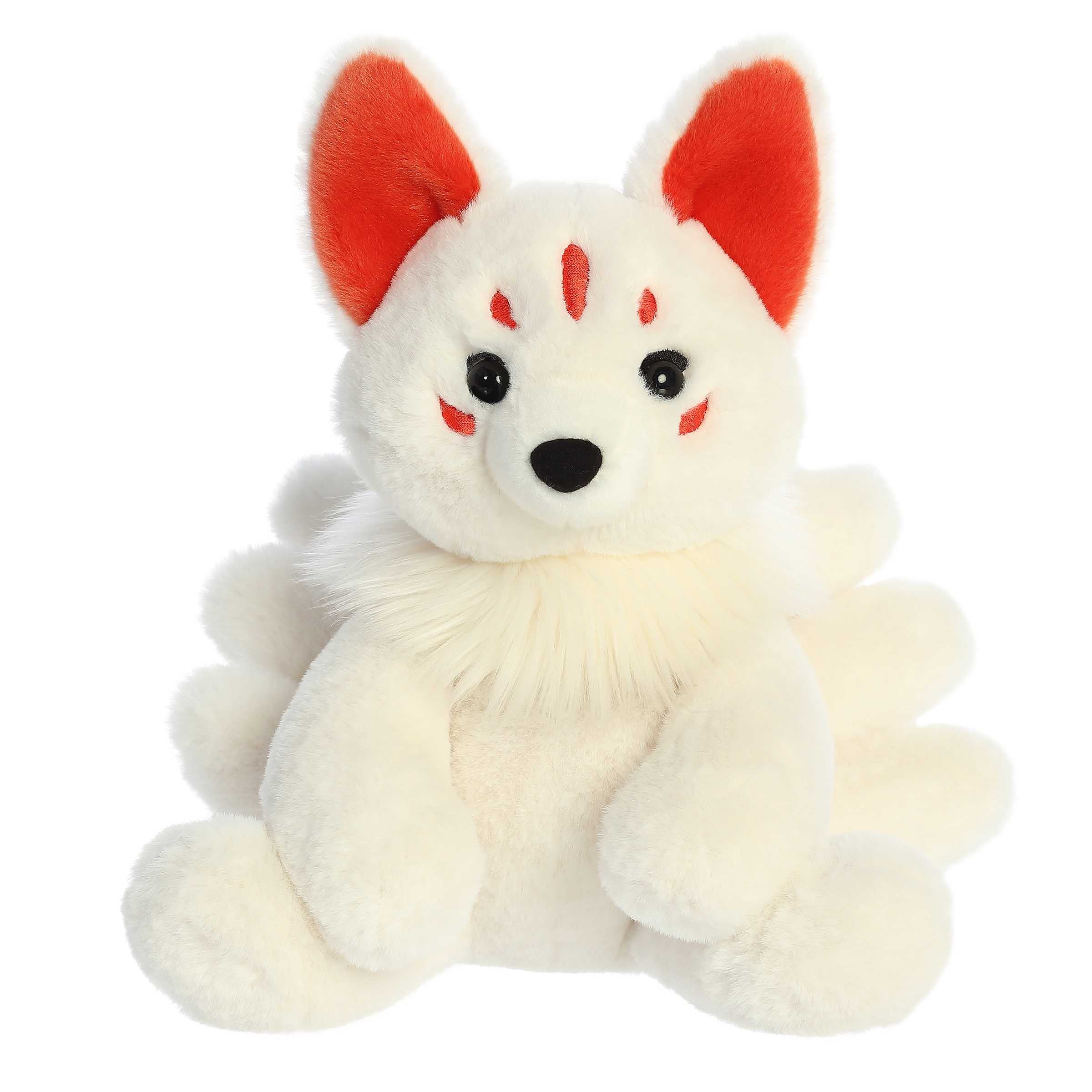 Kitsune plush, a mystical nine-tailed fox with white fur and vivid red markings, enchanting folklore allure!