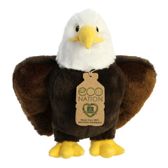 A captivating eagle plush with brown and white coat resembling feathers, embroidered eyes, and an eco-nation tag