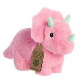 Alluring dino triceratops plush with a bright pink body and blue horns, embroidered eyes, and an eco-nation tag