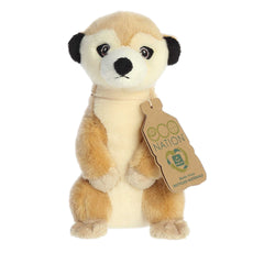 Eco Softie Meerkat Plush, lifelike tan and cream coat, with the iconic 'Eco Nation' tag hanging around its neck.