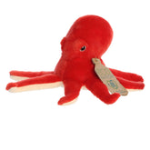 Eco Softie Octopus Plush in vibrant red, made from recycled materials, with a hang tag representing eco-sustainability.