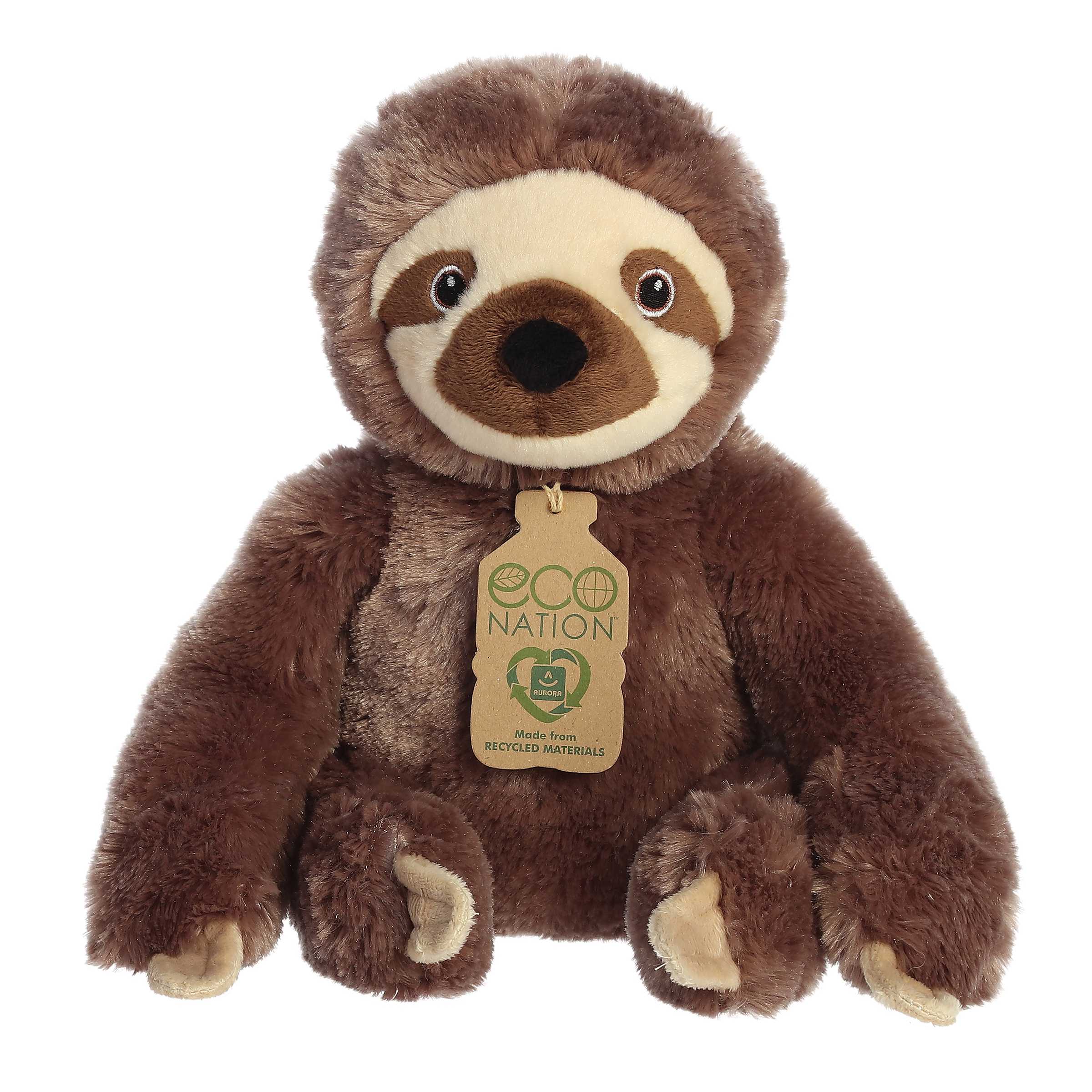 Aurora Eco Hugs Sloth Plush, cozy brown fur, serene face, with eco-friendly hang tag and a commitment to sustainability.