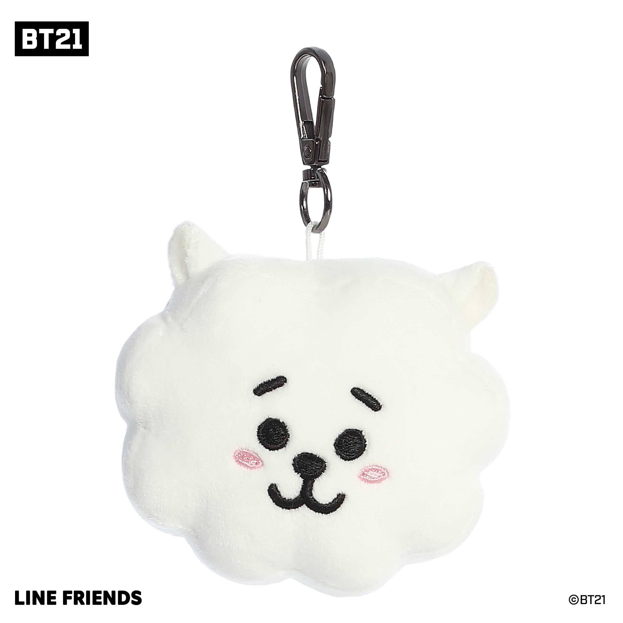 Cute BT21 plush Clip-On with a round white fluffy soft body, smiling face with black accents, and an attached metal hook